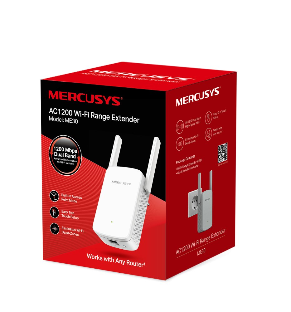 Фото Усилитель сигнала Mercusys ME30 AC1200 Wi-Fi Range Extender, 300 Mbps at 2.4 GHz + 867 Mbps at 5 GHz, 1 x 10/100 LAN, 2× Fixed External Antennas, Wall Plugged, WPS/Reset Button, Signal Indicator, Range Extender/Access Point mode, Adaptive Path Selection