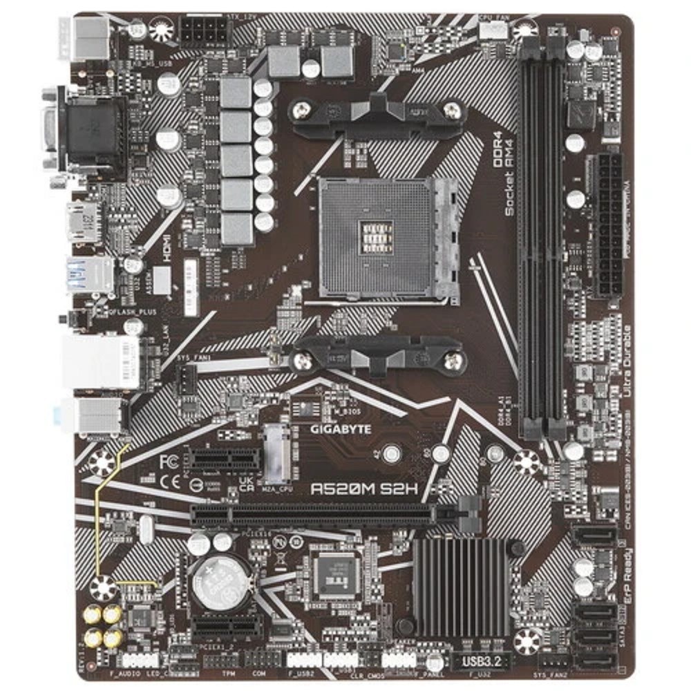 Фото Материнская плата Gigabyte A520M S2H, AM4, AMD A520, 2xDDR4, 4xSATA, 1xM.2, 1xPCIe 3.0 x16, 2xPCIe x1, 1xHDMI, 1xDVI-D, 1xVGA, 1x 1Gb LAN, 4xUSB-A 3.2 Gen 1, 2xUSB-A 2.0, 3x3.5 мм, 7.1, mATX