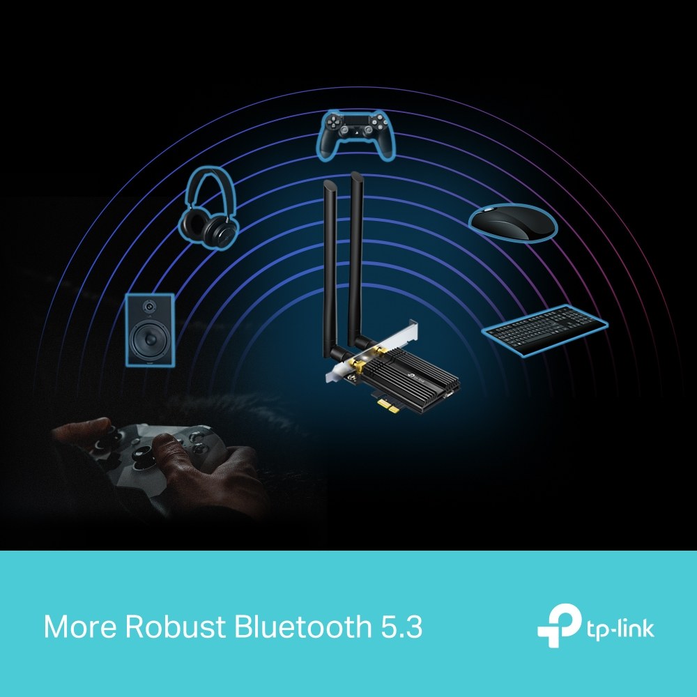 Фото Адаптер Tp-Link ARCHER TX50E 11AX 3000Mbps dual-band PCI-E adapter, 2402Mbps at 5G and 574Mbps at 2.4G, support Bluetooth 5.0, WPA2 encryption, two external Antennas.