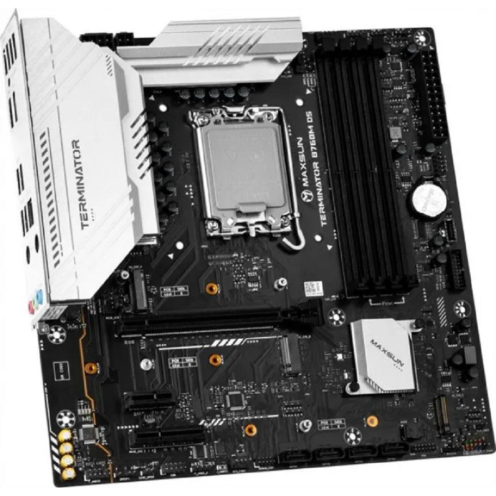 Фото Материнская плата Maxsun Terminator B760M D5 WIFI, LGA 1700, Intel B760, 4xDDR5, 4xSATA, 3xM.2, 1xPCIe 5.0 x16, 1xPCIe x4, 1xPCIe x1, 1xHDMI, 1xDP, 1x 2.5Gb LAN, 6xUSB 2.0, 2xUSB 3.2 Gen 2, 3x3.5 мм, 5.1, mATX