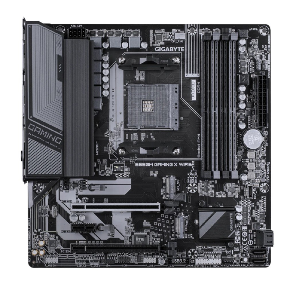 Фото Материнская плата Gigabyte B550M GAMING X WIFI6, AM4, AMD B550, 4xDDR4, 4xSATA, 2xM.2, 1xPCIe 4.0 x16, 1xPCIe 3.0 x4, 1xPCIe 3.0 x1, 1xDP, 1xHDMI, 1x1Gb LAN, Wi-Fi 6, Bluetooth 5.3, 4xUSB-A 5Gbps, 2xUSB-A 2.0, 3x3.5 мм, 7.1, mATX