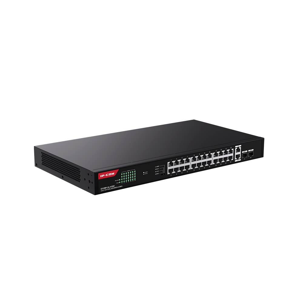Фото Коммутатор неуправляемый IP-COM G1128P-24-410W PoE, 28 портов, 26x1 Гбит/с, SFP 2x1 Гбит/с, PoE 24x30 Вт (до 370 Вт)