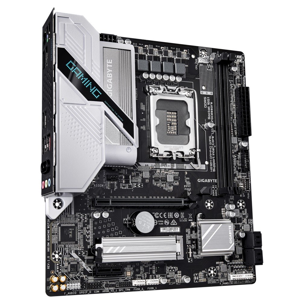 Фото Материнская плата Gigabyte H810M GAMING WIFI6, LGA1851, Intel H810, 2xDDR5, 4xSATA, 1xM.2, 1xPCIe 4.0 x16, 1xPCIe 3.0 x1, 1xDP, 1xHDMI, 1x2.5Gb LAN, Wi-Fi 6, Bluetooth 5.3, 1xUSB-C 5Gbps, 1xUSB-A 5Gbps, 9xUSB-A 2.0, 3x3.5 мм, 7.1, mATX