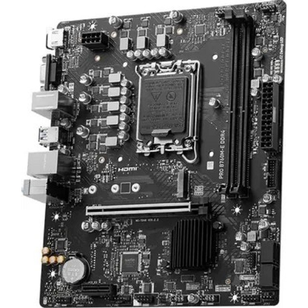 Фото Материнская плата MSI PRO B760M-E DDR4, LGA 1700, Intel B760, 2xDDR4, 4xSATA, 1xM.2, 1xPCIe 4.0 x16, 1xPCIe 4.0 x1, 1xHDMI, 1xVGA, 1x1Gb LAN, 2xUSB-A 3.2 Gen 1, 4xUSB-A 2.0, 3x3.5 мм, 7.1, mATX