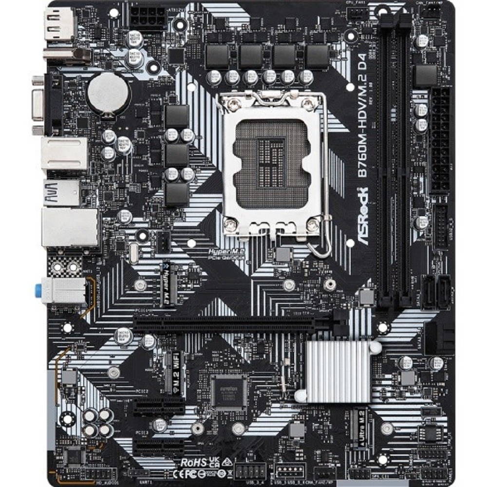Фото Материнская плата ASRock B760M-HDV/M.2, LGA 1700, Intel B760, 2xDDR5, 4xSATA, 2xM.2, 1xPCI-E 4.0 x16, 2xPCI-E x1, 1xDP, 1xHDMI, 1xVGA, 1x 2.5Gb LAN, 2xUSB-A 3.2 Gen 1, 3xUSB 2.0, 3x3.5 мм, 7.1, Micro-ATX
