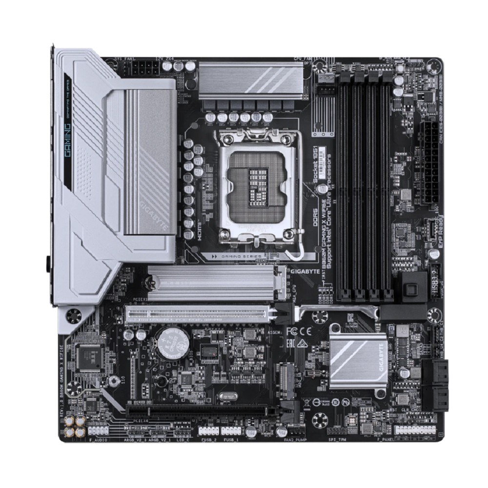Фото Материнская плата Gigabyte B860M GAMING X WIFI6E, LGA 1851, Intel B860, 4xDDR5, 4xSATA, 3xM.2, 1xPCIe 5.0 x16, 2xPCIe 4.0 x16, 1xHDMI, 1xDP, 1x 2.5Gb LAN, 4xUSB-A 2.0, 2xUSB-A 3.2 Gen 1, 1xUSB-C 3.2 Gen 2, 7.1, 3x3.5 мм, 3xARGb, 4xRGb, mATX