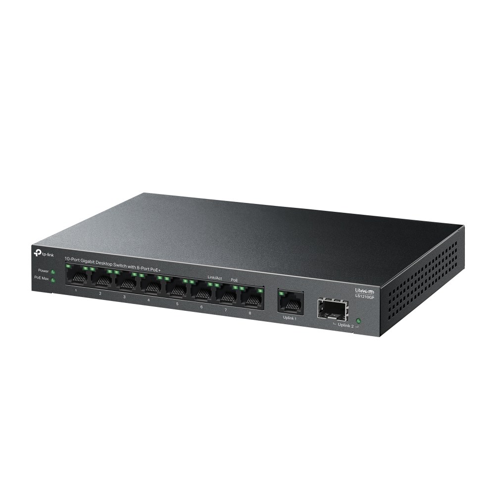 Фото Коммутатор настольный TP-Link LS1210GP с 9 гигабитными портами (8 портов PoE+) и портом SFP