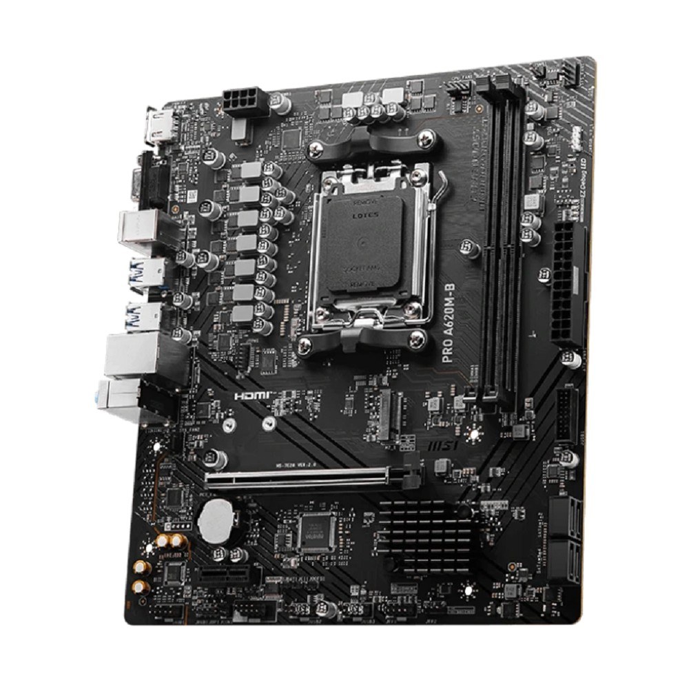 Фото Материнская плата MSI PRO A620M-B, AM5, AMD A620, 2xDDR5, 4xSATA, 1xM.2 (PCIe 4.0 x4), 1xPCIe 4.0 x16, 1xPCIe 3.0 x1, 1xHDMI, 1xVGA, 1x2.5Gb LAN, 6xUSB-A 5Gbps, 6xUSB-A 2.0, 3x3.5 мм, 7.1, mATX
