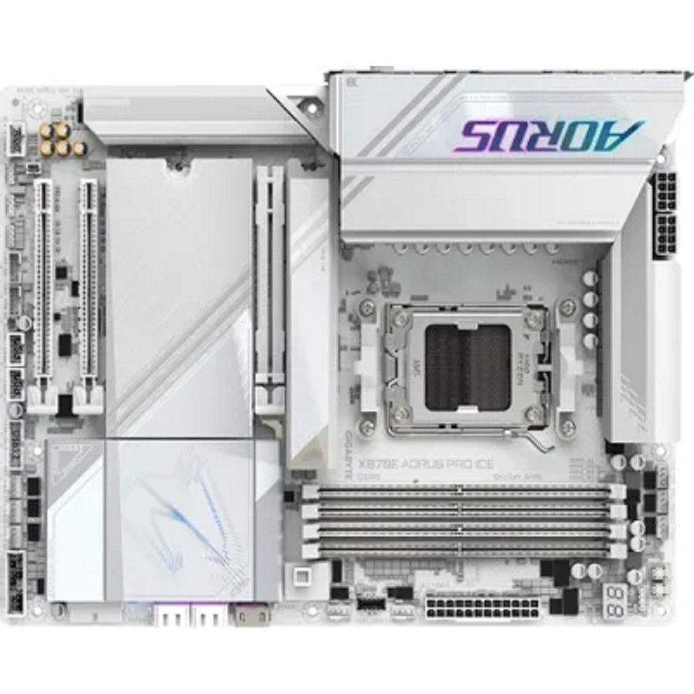 Фото Материнская плата Gigabyte X870E AORUS PRO ICE, AM5, AMD X870E, 4xDDR5, 4xSATA, 4xM.2, 1xPCI-E 5.0 x16, 1xPCI-E 4.0 x4, 1xPCI-E 3.0 x4, 1xHDMI, 2xUSB-C, 1x 2.5Gb LAN, 2xUSB-A 3.2 Gen 2, 3xUSB-A 3.2 Gen 1, 2xUSB-A 2.0, 2x3.5 мм, TOSLINK, 7.1, 2xUSB4, 4xUSB