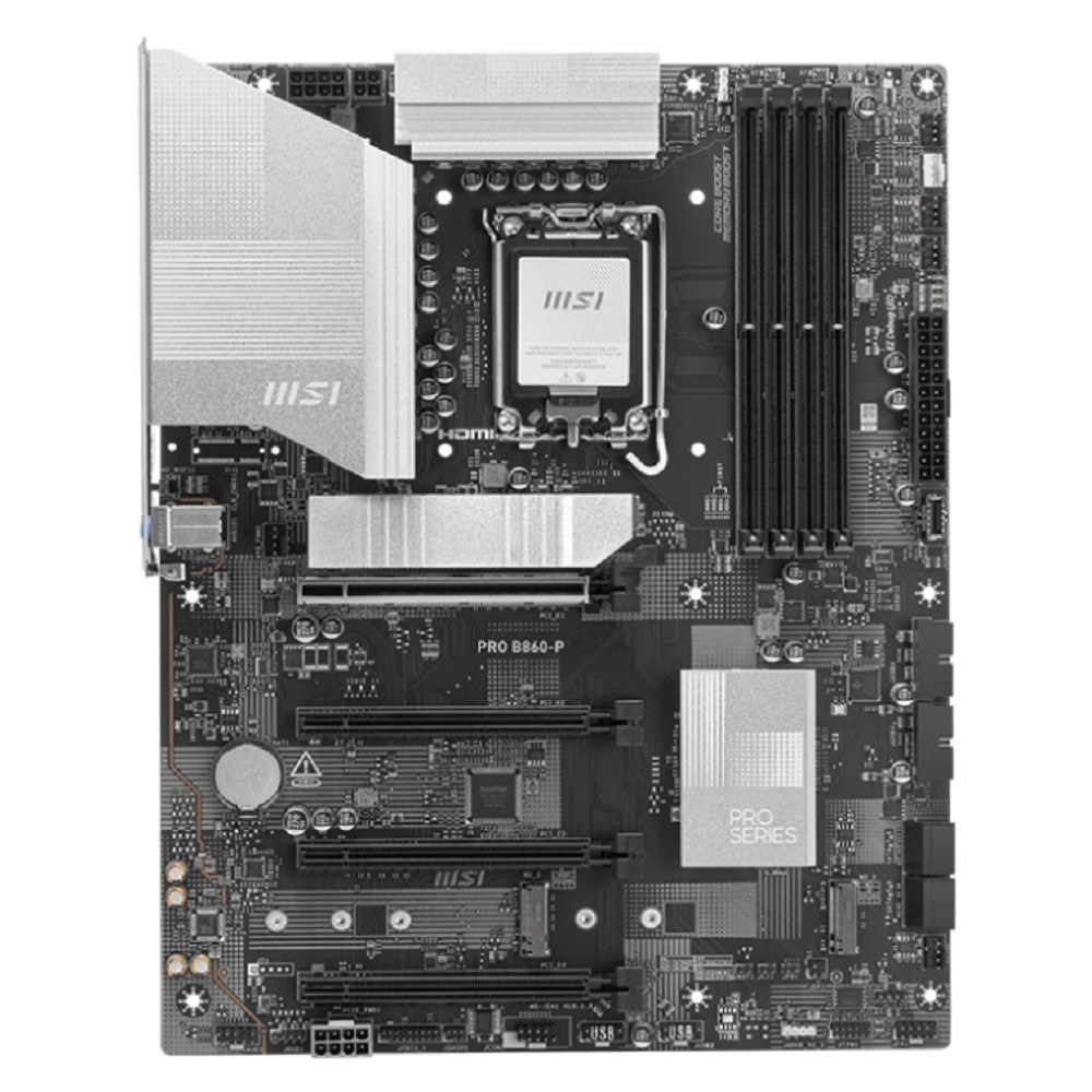 Фото Материнская плата MSI PRO B860-P, LGA 1851, Intel B860, 4xDDR5, 4xSATA, 3xM.2, 1xPCIe 5.0 x16, 1xPCIe 4.0 x4, 2xPCIe 4.0 x1, 1xHDMI, 1xDP, 1xUSB-C, 1x 5Gb LAN, 2xUSB-A 3.2 Gen 2, 2xUSB-A 3.2 Gen 1, 4xUSB-A 2.0, 3x3.5 мм, 7.1, ATX