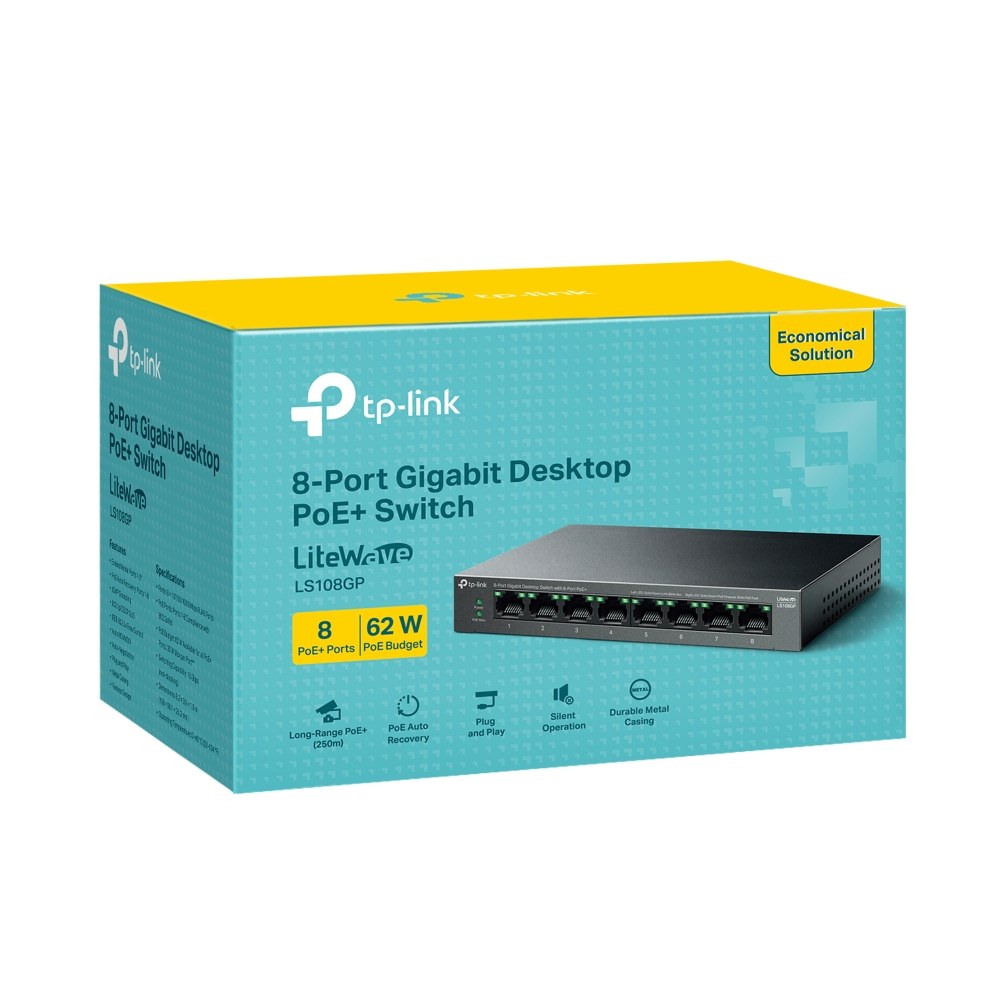 Фото Коммутатор настольный TP-Link LS108GP с 8 гигабитными портами PoE+, 802.3af/at, бюджет PoE — 62 Вт, до 250 метров