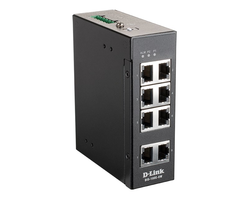Фото Коммутатор D-Link DIS-100E-8W/A1A, L2 Unmanaged Industrial Switch with 8 10/100Base-TX ports.1K Mac address, 802.3x Flow Control, Stand-alone, Auto MDI/MDI-X for each port, D-link Green technology, Metal case,