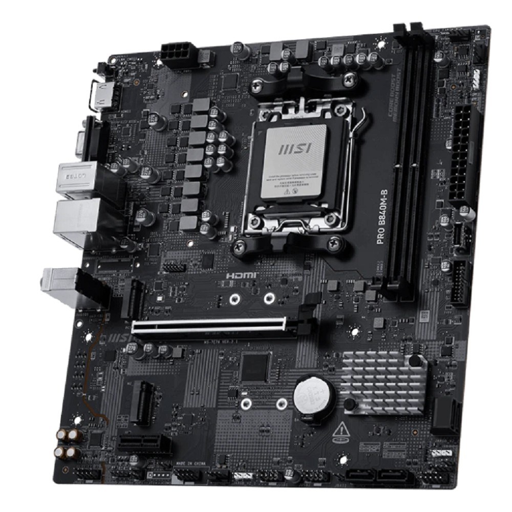 Фото Материнская плата MSI PRO B840M-B, AM5, AMD B840, 2xDDR5, 4xSATA, 2xM.2, 1xPCIe 4.0 x16, 1xPCIe 3.0 x1, 1xHDMI, 1xVGA, 1x2.5Gb LAN, 4xUSB-A 5Gbps, 2xUSB-A 2.0, 3x3.5 мм, 7.1, mATX