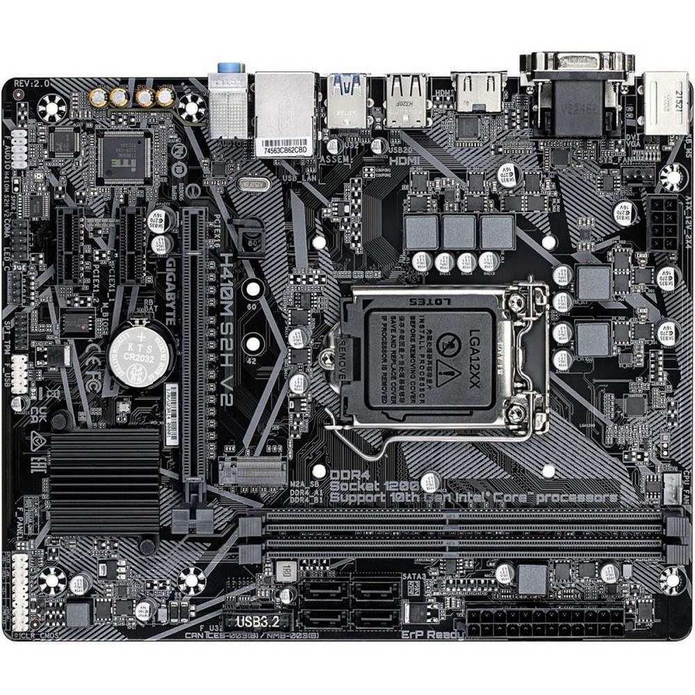 Фото Материнская плата Gigabyte H410M S2H V2 2.1, LGA 1200, Intel Q470, 2xDDR4, 4xSATA, 1xM.2, 1xPCIe 3.0 x16, 2xPCIe x1, 1xHDMI, 1xDVI-D, 1xVGA, 1x 1Gb LAN, 2xUSB-A 3.2 Gen 1, 4xUSB-A 2.0, 3x3.5 мм, 7.1, mATX