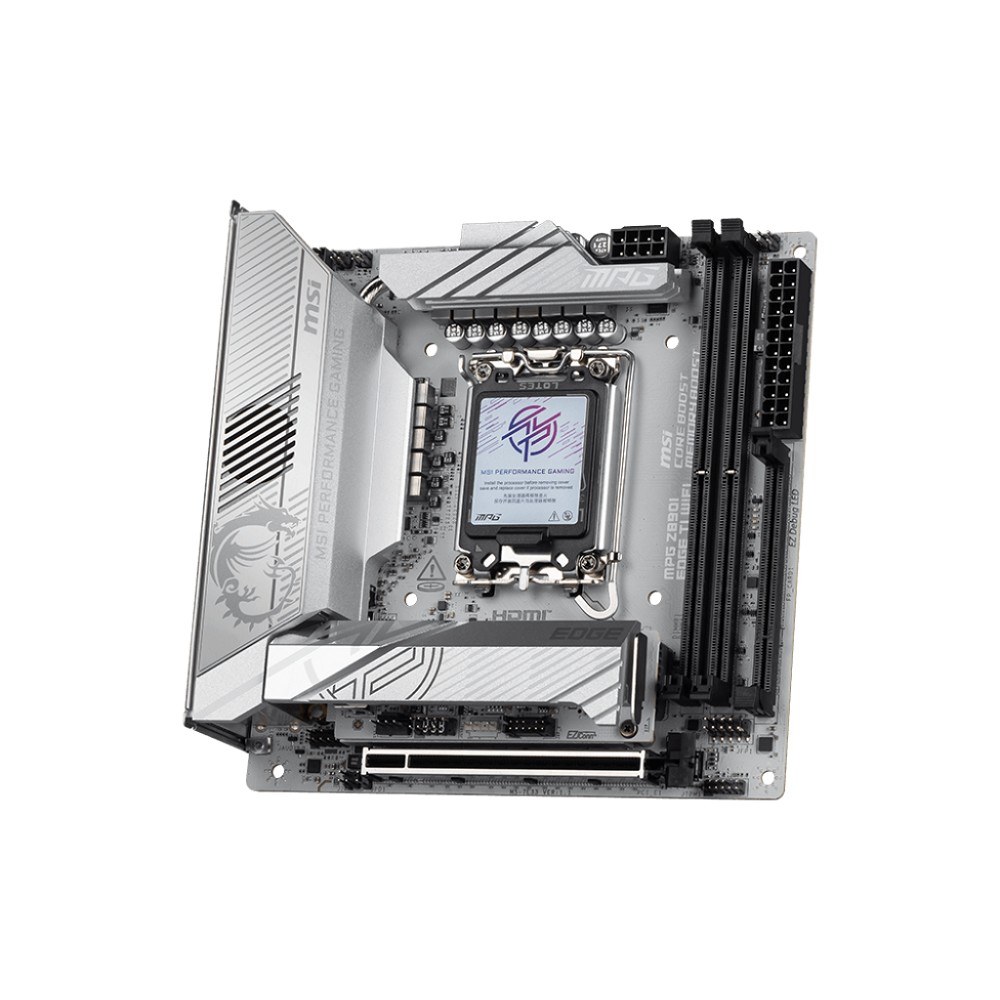 Фото Материнская плата MSI MPG Z890I EDGE TI WIFI, LGA 1851, Intel Z890, 2xDDR5, 2xSATA, 4xM.2, 1xPCIe 5.0 x16, 1xHDMI, 2xThunderbolt 4, 1xUSB-C, 1x 5Gb LAN, 7xUSB-A 10Gbps, 2xUSB-A 5Gbps, 1xUSB-C 20Gbps, 7.1, 2x3.5 мм, TOSLINK, Mini-ITX