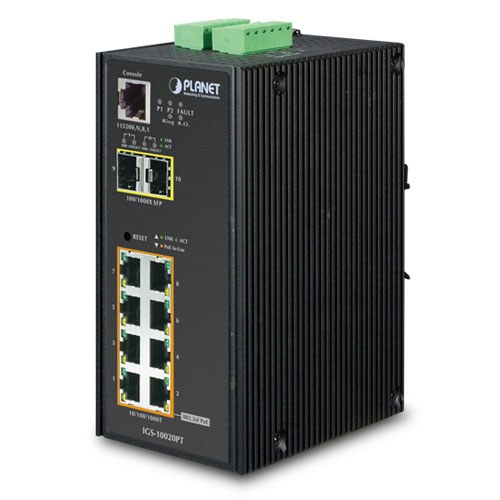 Фото Коммутатор индустриальный PoE IGS-10020PT для монтажа в DIN-рейку IP30 L2+ SNMP Manageable 8-Port Gigabit POE(Af) Switch + 2-Port Gigabit SFP Industrial Switch (-40 to 75 C), ERPS Ring Supported, 1588