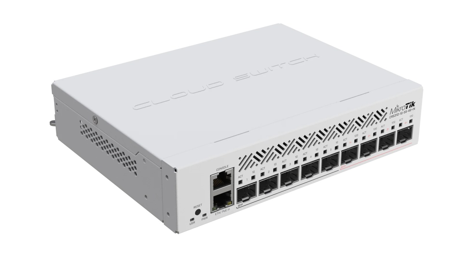 Фото Коммутатор MikroTik Cloud Router Switch CRS310-1G-5S-4S+IN with 800 MHz CPU, 256 MB RAM, 4xSFP+, 5xSFP cages, 1xGbit LAN port, RouterOS L5, desktop case, rackmount ears, PSU