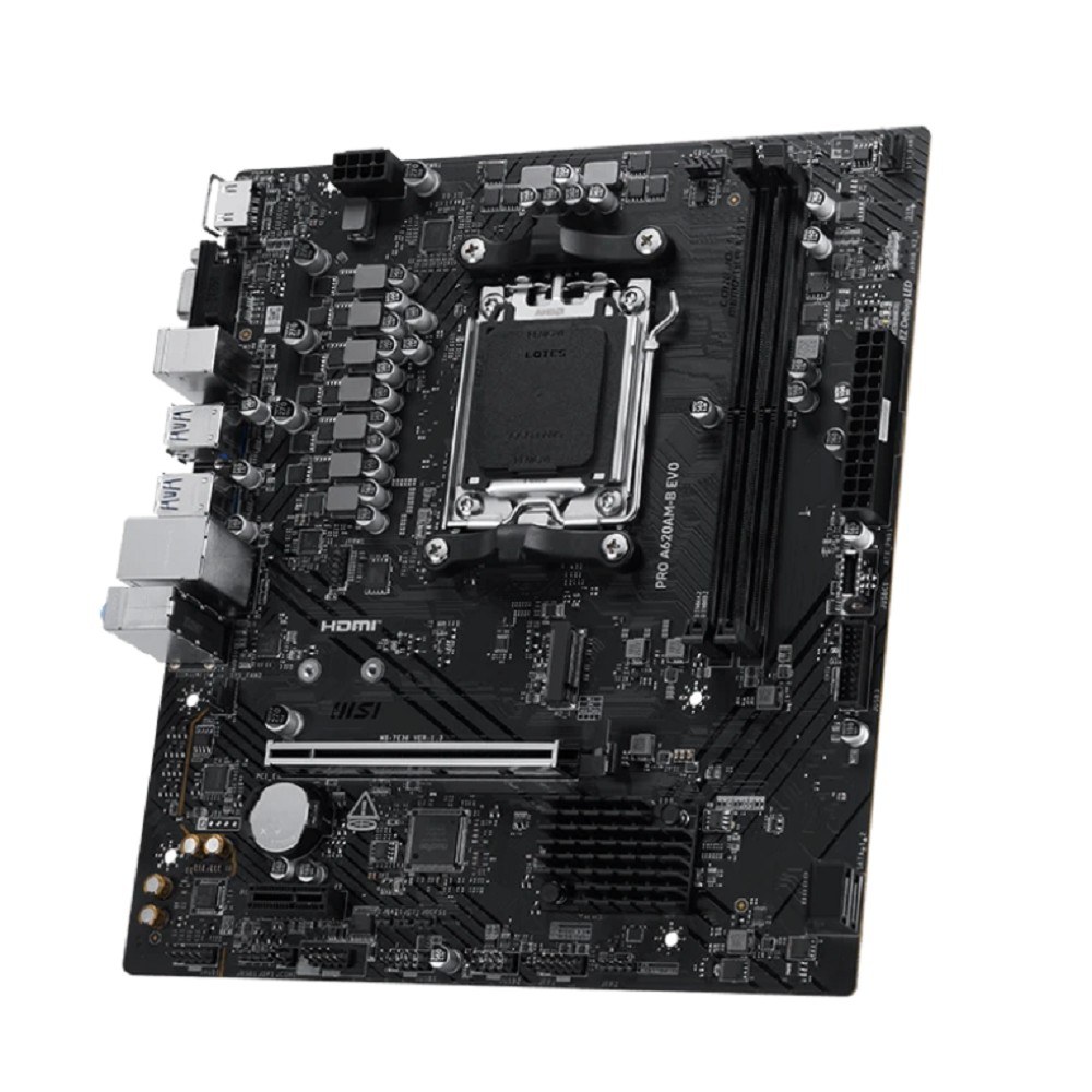 Фото Материнская плата MSI PRO A620AM-B EVO A620, AM5, 2хDDR5, 1хPCIEx16, 1хPCIEx1, 1хM.2, 1хTypeC, 6хUSB3.2Gen1, 6хUSB2.0, 2хSATA3.0, 2.5G, VGA, HDMI, M-ATX, RTL