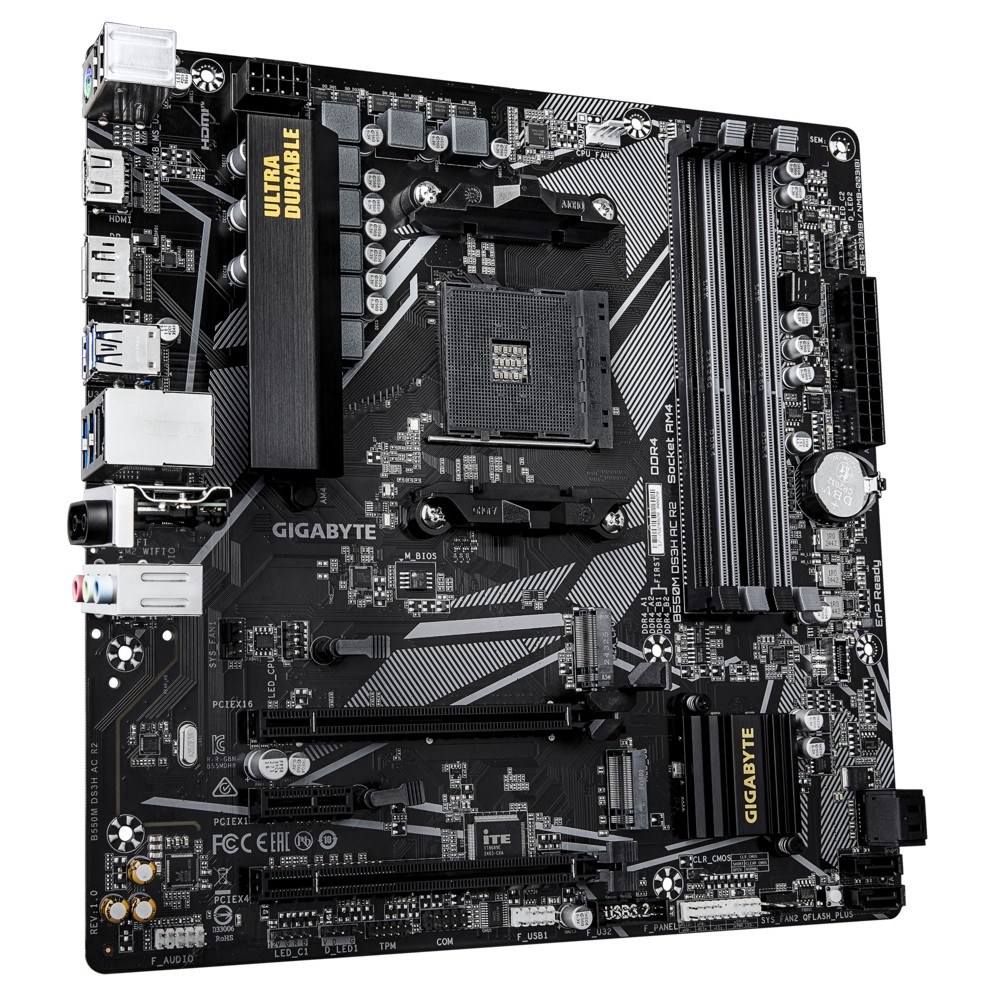 Фото Материнская плата Gigabyte B550M DS3H AC R2, AM4, AMD B550, 4xDDR4, 4xSATA, 2xM.2, 1xPCIe 4.0 x16, 1xPCIe 3.0 x4, 1xPCIe 3.0 x1, 1xDP, 1xHDMI, 1x1Gb LAN, Wi-Fi, Bluetooth 5.0, 4xUSB-A 5Gbps, 2xUSB-A 2.0, 3x3.5 мм, 7.1, mATX