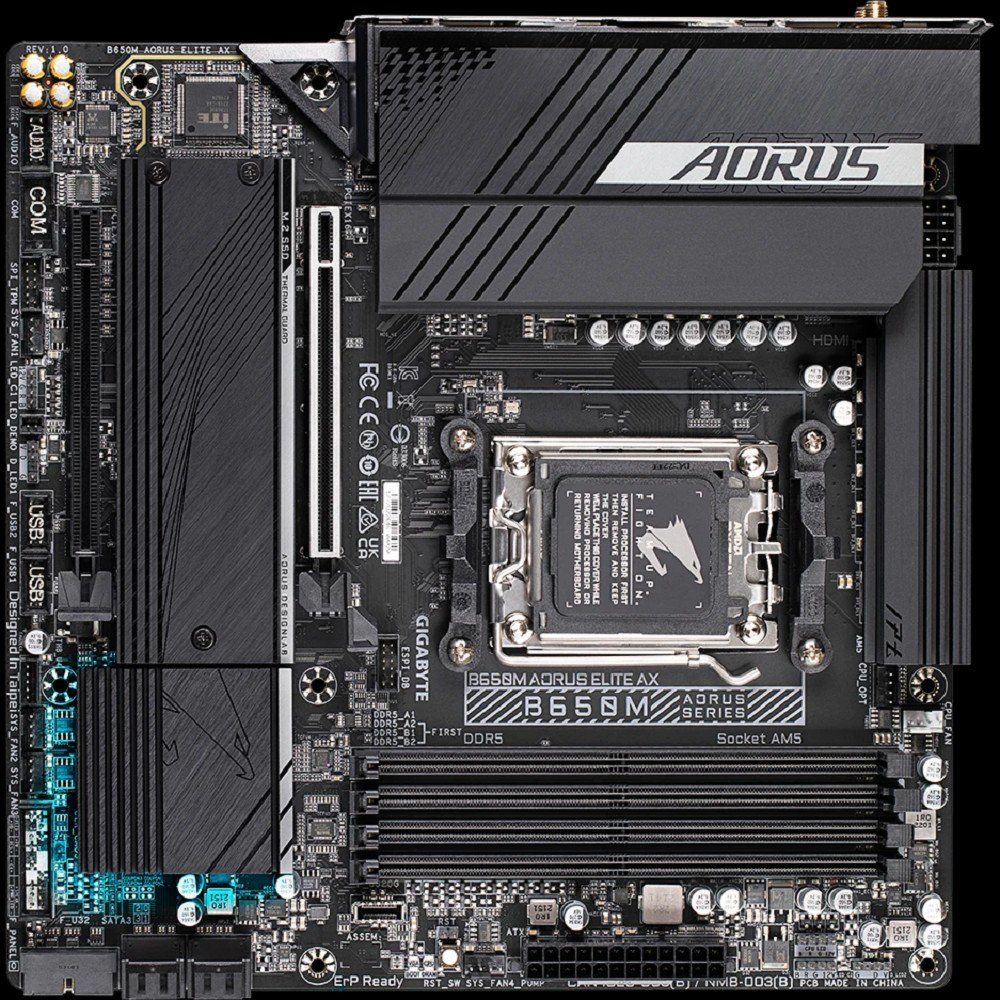 Фото Материнская плата Gigabyte B650M AORUS ELITE AX, AM5, AMD B650, 4xDDR5, 4xSATA, 2xM.2, 1xPCI-E 5.0 x4, 1xPCI-E 4.0 x16, 1xHDMI, 1xDP, 1x 2.5Gb LAN, 4xUSB-A 2.0, 5xUSB-A 3.2 Gen 1, 2xUSB-A 3.2 Gen 2, 1xUSB-C 3.2 Gen 2, 2x3.5 мм, 7.1, Micro-ATX