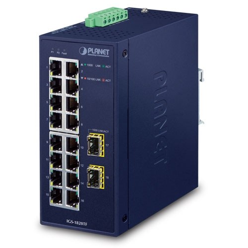 Фото Коммутатор PLANET IGS-1820TF IP30 Industrial 16-Port 10/100/1000T + 2-Port 1000X SFP Gigabit Ethernet Switch (-40~75 degrees C, dual 12~48V DC/24V AC)