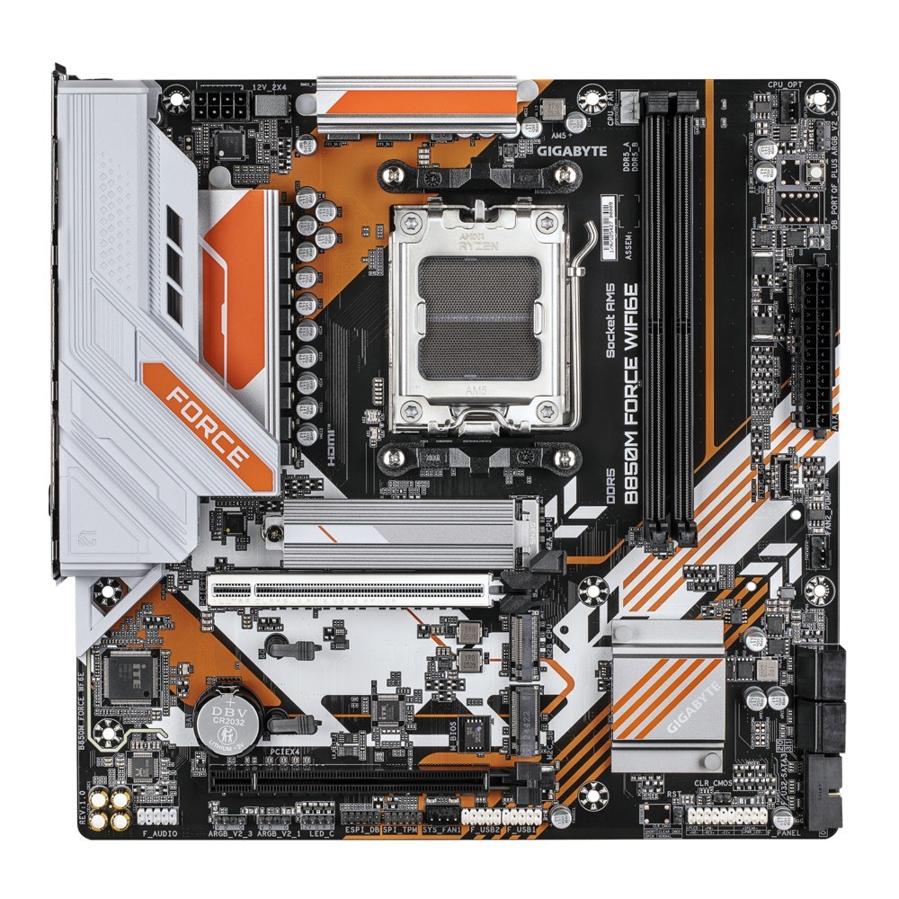 Фото Материнская плата Gigabyte B850M FORCE WF6E (V1.2), AM5, AMD B850, 2xDDR5, 4xSATA, 3xM.2, 1xPCIe 5.0 x16, 1xPCIe 4.0 x4, 1xDP, 1xHDMI, 1x2.5Gb LAN, Wi-Fi 6E, Bluetooth 5.3, 1xUSB-C 5Gbps, 1xUSB-A 10Gbps, 2xUSB-A 5Gbps, 2xUSB-A 2.0, 3x3.5 мм, 7.1, mATX