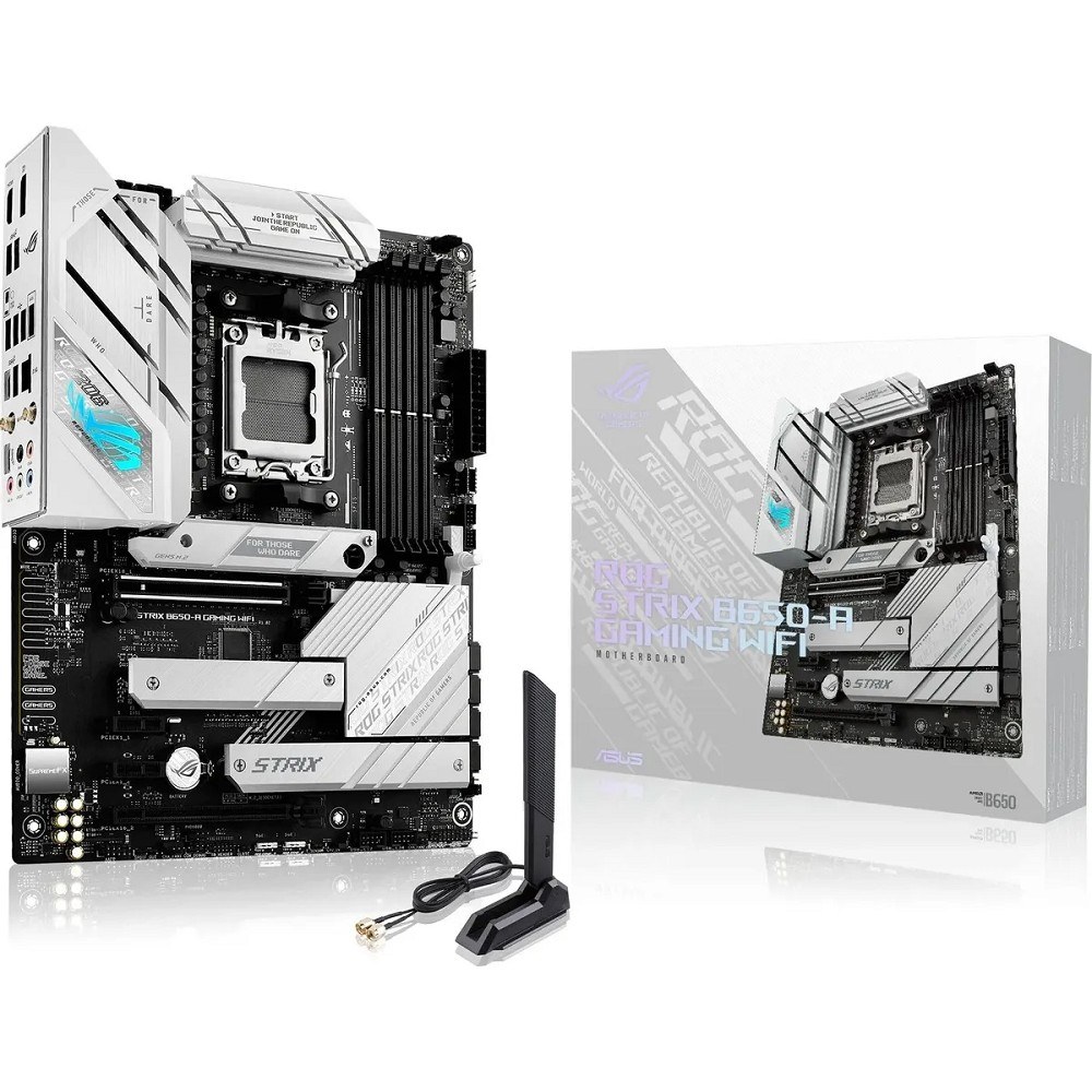 Фото Материнская плата ASUS ROG STRIX B650-A GAMING WIFI, AM5, AMD B650, 4xDDR5, 4xSATA, 3xM.2, 1xPCIe 4.0 x16, 1xPCIe 4.0 x4, 1xHDMI, 1xDP, 1x 2.5Gb LAN, 3xUSB-A 3.2 Gen 2, 4xUSB 2.0, 5x3.5 мм, 7.1, Standard-ATX