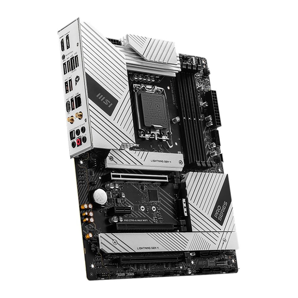 Фото Материнская плата MSI PRO Z790-A MAX WIFI, LGA 1700, Intel Z790, 4xDDR5, 6xSATA, 4xM.2, 1xPCI-E 5.0 x16, 1xPCI-E 4.0 x16, 1xPCI-E 3.0 x16, 1xPCI-E x1, 1xHDMI, 1xDP, 1x2.5Gb LAN, 2xUSB-A 2.0, 2xUSB-A 3.2 Gen 1, 3xUSB-A 3.2 Gen 2, 1xUSB-C 3.2 Gen 2x2, 5x3.5