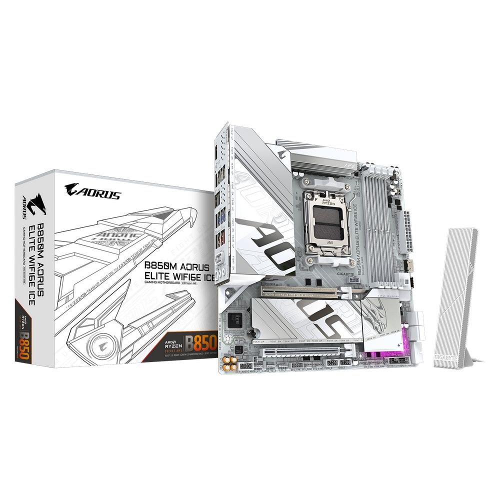 Фото Материнская плата Gigabyte B850M EAGLE WIFI6E ICE, AM5, AMD B850, 4xDDR5, 4xSATA, 2xM.2, 1xPCIe 5.0 x16, 1xPCIe 3.0 x4, 1xHDMI, 2xDP, 1x2.5Gb LAN, Wi-Fi 6E, Bluetooth 5.3, 1xUSB-C 10Gbps, 1xUSB-A 10Gbps, 2xUSB-A 5Gbps, 4xUSB-A 2.0, 3x3.5 мм, 7.1, mATX