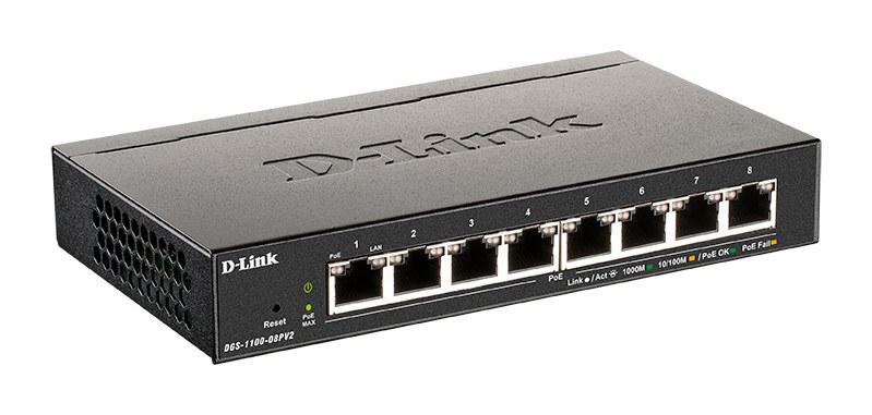Фото Коммутатор настраиваемый L2 D-Link DGS-1100-08PV2/A4A с 8 портами 10/100/1000Base-T (8 портов PoE 802.3af/at, PoE-бюджет 64 Вт)