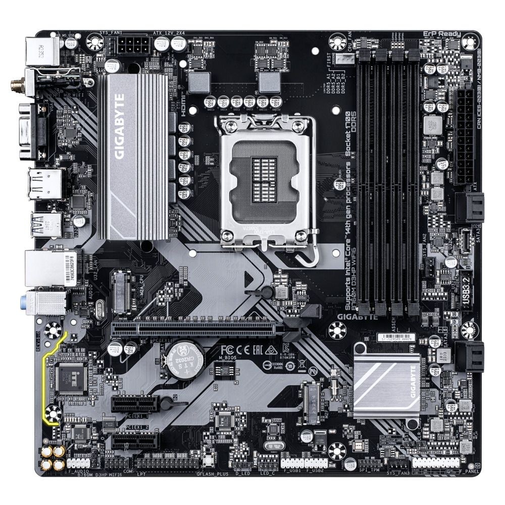 Фото Материнская плата Gigabyte B760M D3HP WIFI6, LGA1700, B760, 4*DDR5, 4*SATA, 2*M.2, 3*USB 3.2, 2*USB 2.0, 1*PCIx16, 2*PCIx1, D-Sub+HDMI+DP, mATX RTL