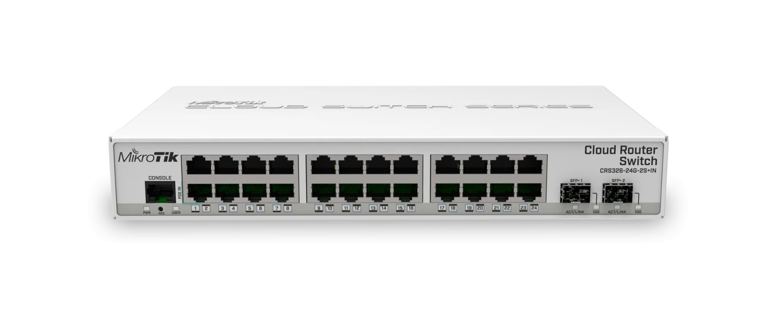Фото Коммутатор Mikrotik CRS326-24G-2S+IN with 800 MHz CPU, 512MB RAM, 24xGigabit LAN, 2xSFP+ cages, RouterOS L5 or SwitchOS (dual boot), desktop case, PSU