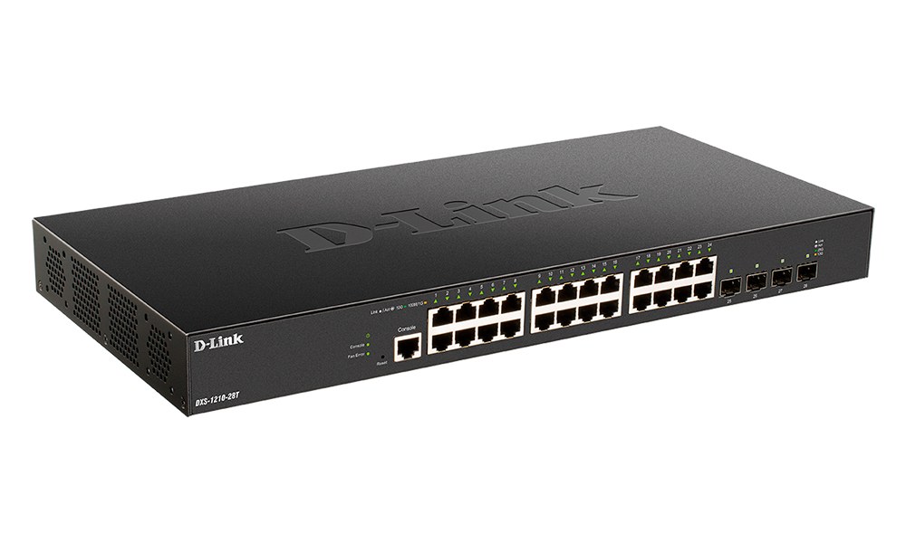 Фото Коммутатор D-Link DXS-1210-28T/A1A, L2+ Smart Switch with 24 10Gbase-T ports and 4 25Gbase-X SFP28 ports.32K MAC address, 680Gbps switching capacity, 802.3x Flow Control, 802.3ad Link Aggregation, 4K of 802.