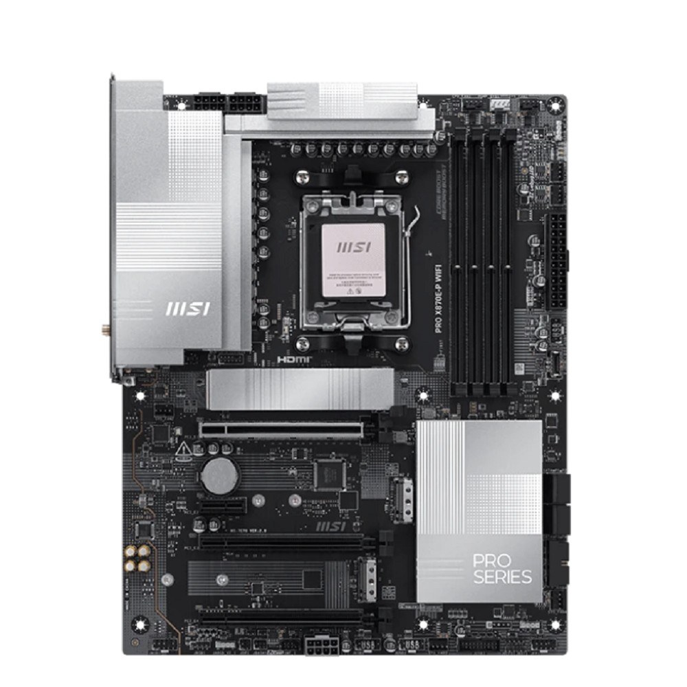 Фото Материнская плата MSI PRO X870E-P WIFI, AM5, AMD X870E, 4xDDR5, 4xSATA, 3xM.2, 1xPCIe 5.0 x16, 1xPCIe 4.0 x4, 1xPCIe 3.0 x1, 1xHDMI, 1x5Gb LAN, Wi-Fi 7, Bluetooth 5.4, 1xUSB-C 20Gbps, 1xThunderbolt 4, 2xUSB-A 10Gbps, 2xUSB-A 5Gbps, 4xUSB-A 2.0, 3x3.5 мм, 