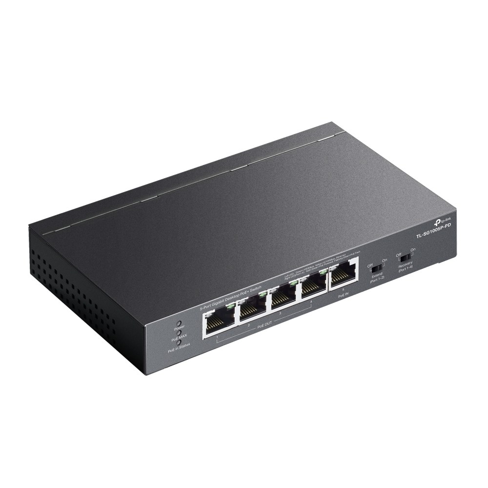Фото Коммутатор настольный TP-Link TL-SG1005P-PD с 5 гиг. портами (1 порт с входящим PoE++, 4 порта с исходящим PoE+), бюджет PoE: 9, 21, 47 или 66 Вт (зависит от используемого стандарта входящего PoE)
