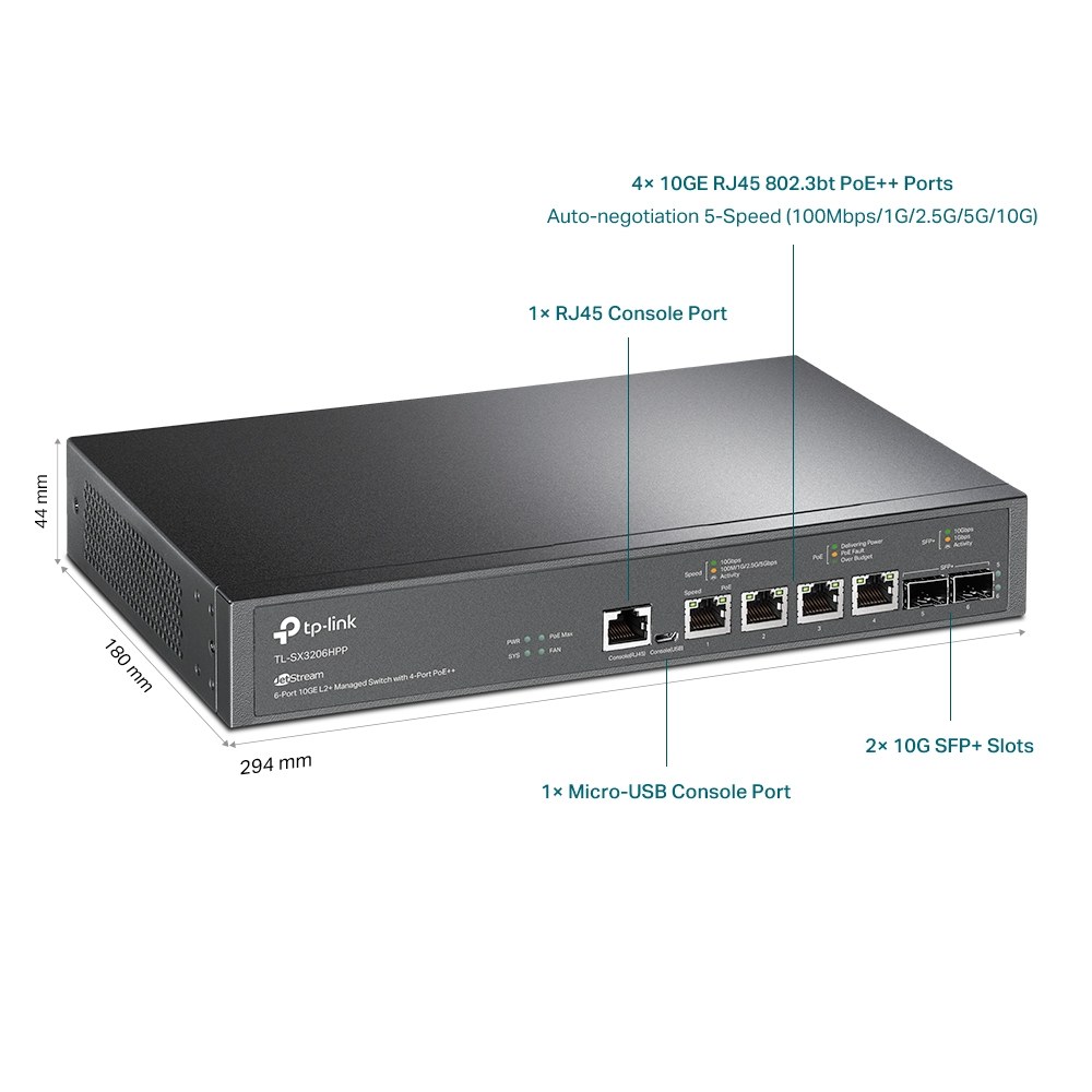 Фото Коммутатор TP-Link JetStream 6-портовый управляемый с 4 портами PoE++ 10GBase-T и 2 слотами SFP+ 10GE уровня 2+