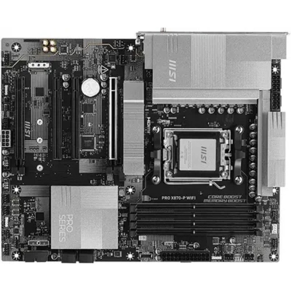 Фото Материнская плата MSI PRO X870-P WIFI, AM5, AMD X870, 4xDDR5, 4xSATA, 3xM.2, 1xPCI-E 5.0 x16, 1xPCI-E 4.0 x16, 2xPCI-E 3.0 x1, 1xHDMI, 1xUSB-C, 1xRJ45 5Gb, 2xUSB-A 3.2 Gen 1, 2xUSB-A 3.2 Gen 2, 4xUSB-A 2.0, 1xUSB-C 3.2 Gen 2x2, 1xUSB4, 3x3.5мм, 7.1, ATX