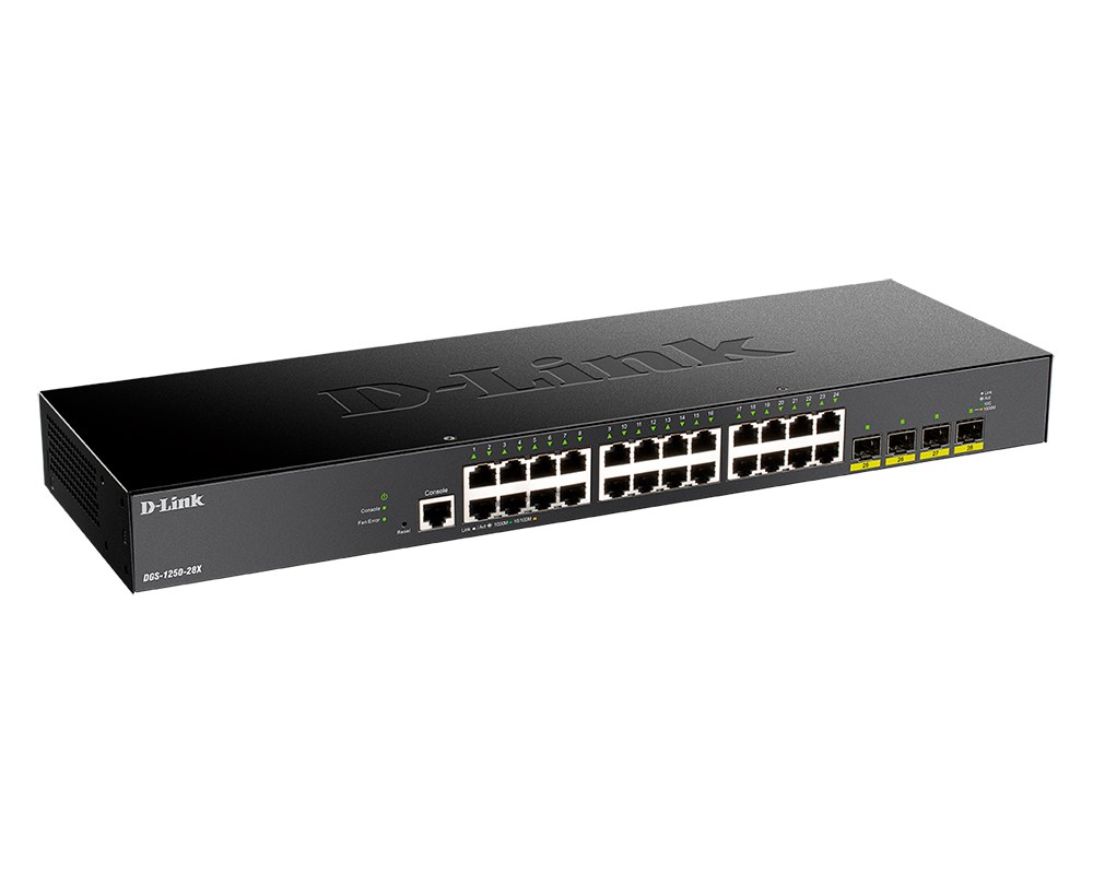 Фото Коммутатор D-Link DGS-1250-28X/A1A, 24×1 Гбит/с + 4×10 Гбит/с SFP+, настраиваемый