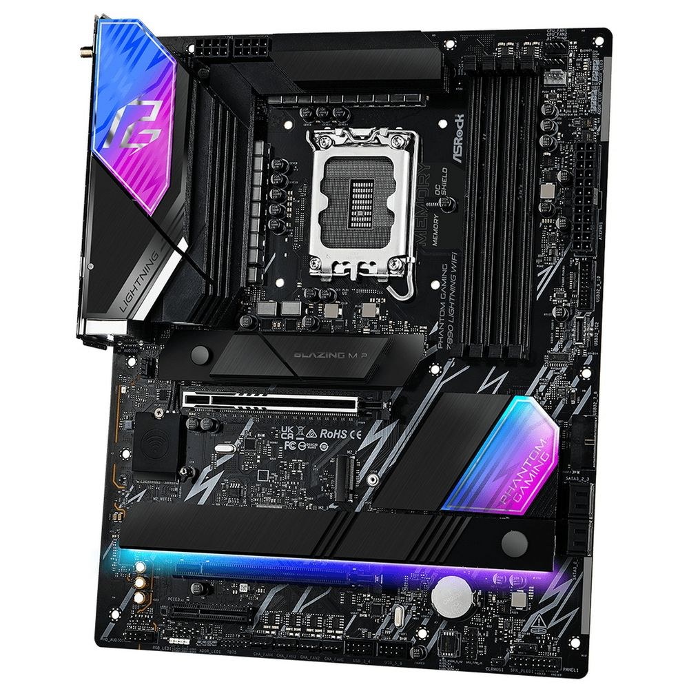 Фото Материнская плата ASRock Phantom Gaming Z890 LIGHTNING WIFI, LGA 1851, Intel Z890, 4xDDR5, 4xSATA, 4xM.2, 1xPCIe 5.0 x16, 1xPCIe 4.0 x4, 1xUSB-C Thunderbolt 4, 2xUSB-A 3.2 Gen 2, 4xUSB-A 3.2 Gen 1, 1xHDMI, 1x2.5Gb LAN, 5x3.5 мм, 7.1, ATX