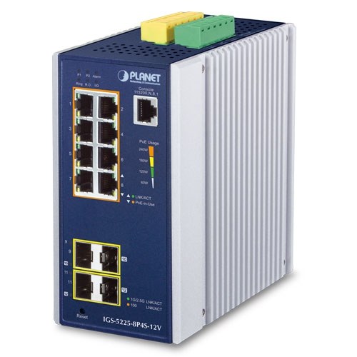 Фото Коммутатор индустриальный PoE IGS-5225-8P4S для монтажа в DIN-рейку IP30 Industrial L2+/L4 8-Port 1000T 802.3at PoE+ 4-port 100/1000X SFP Full Managed Switch (-40 to 75 C, dual redundant power input on 48~56VDC terminal block, DIDO, ERPS Ring Supported, 1