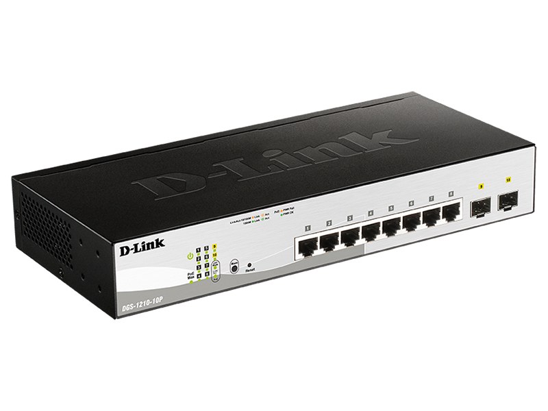 Фото Коммутатор D-Link DGS-1210-10P/FL2A, 8×1 Гбит/с + 2×1 Гбит/с SFP, настраиваемый