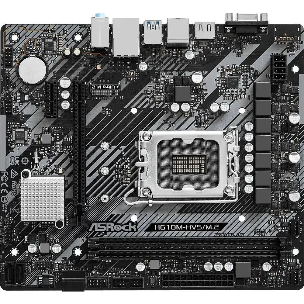 Фото Материнская плата ASRock H610M-HVS/M.2 R2.0, LGA 1700, Intel H610, 2xDDR4, 4xSATA, 1xM.2, 1xPCIe 4.0 x16, 1xPCIe x1, 1xHDMI, 1xVGA, 1x 1Gb LAN, 4xUSB-A 2.0, 2xUSB-A 3.2 Gen 1, 3x3.5 мм, 7.1, mATX