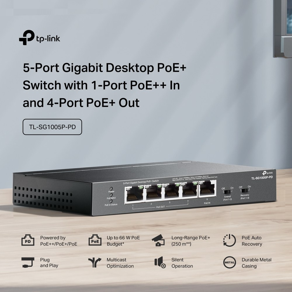 Фото Коммутатор настольный TP-Link TL-SG1005P-PD с 5 гиг. портами (1 порт с входящим PoE++, 4 порта с исходящим PoE+), бюджет PoE: 9, 21, 47 или 66 Вт (зависит от используемого стандарта входящего PoE)