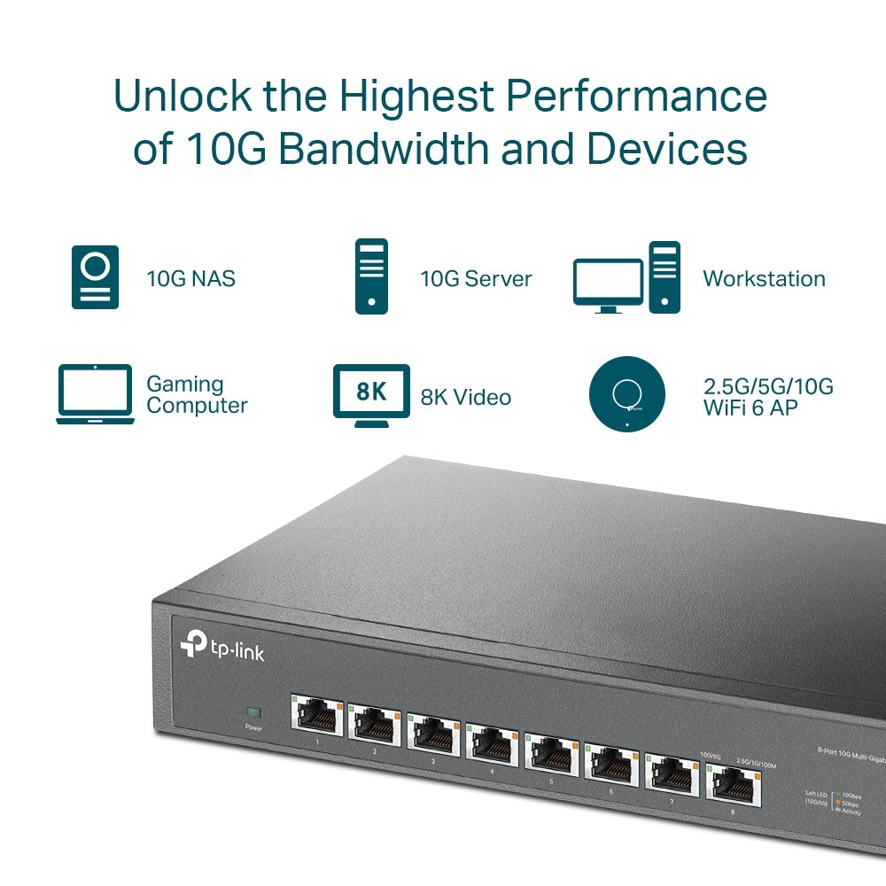 Фото Коммутато TP-Link 8-port Desktop/Rackmount 10G Unmanaged Switch, 8 100/1G/2.5G/5G/10G RJ-45 ports,  1 Fan with intelligent speed control, 100-240 VAC, 50/60 Hz.