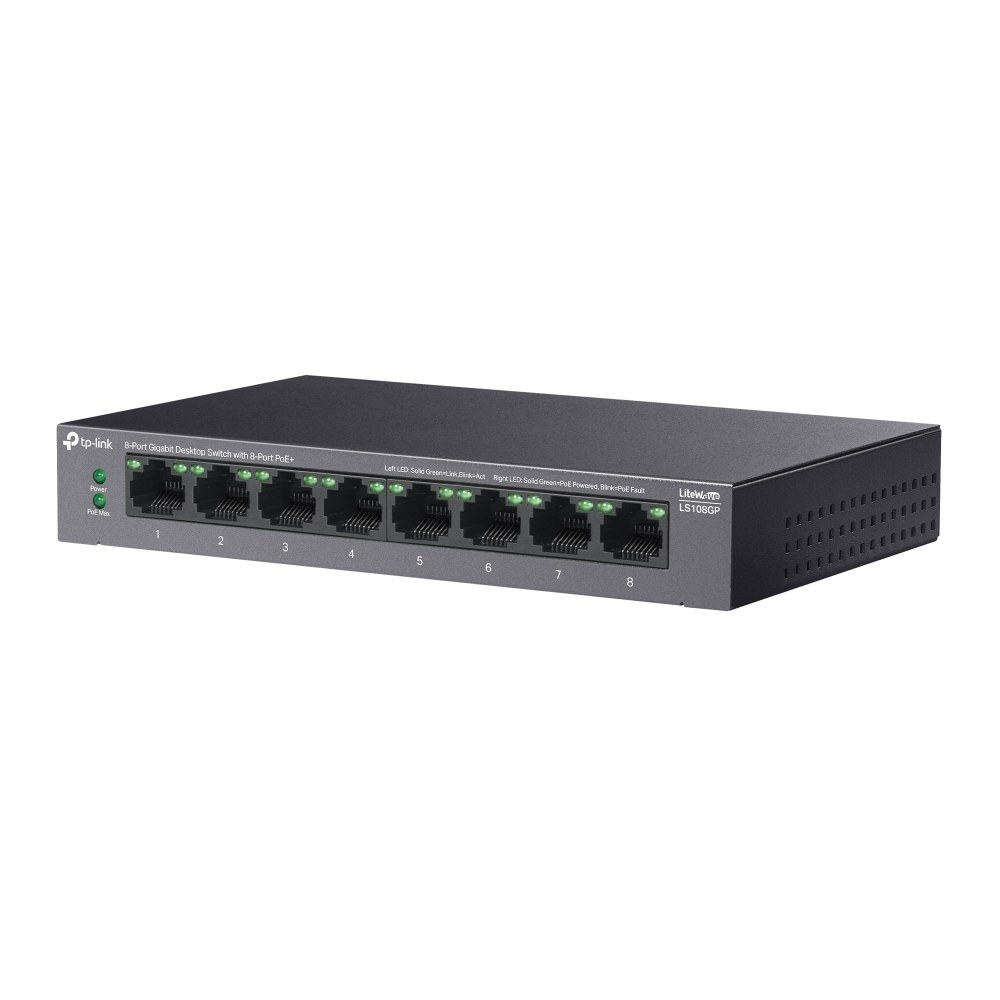 Фото Коммутатор настольный TP-Link LS108GP с 8 гигабитными портами PoE+, 802.3af/at, бюджет PoE — 62 Вт, до 250 метров