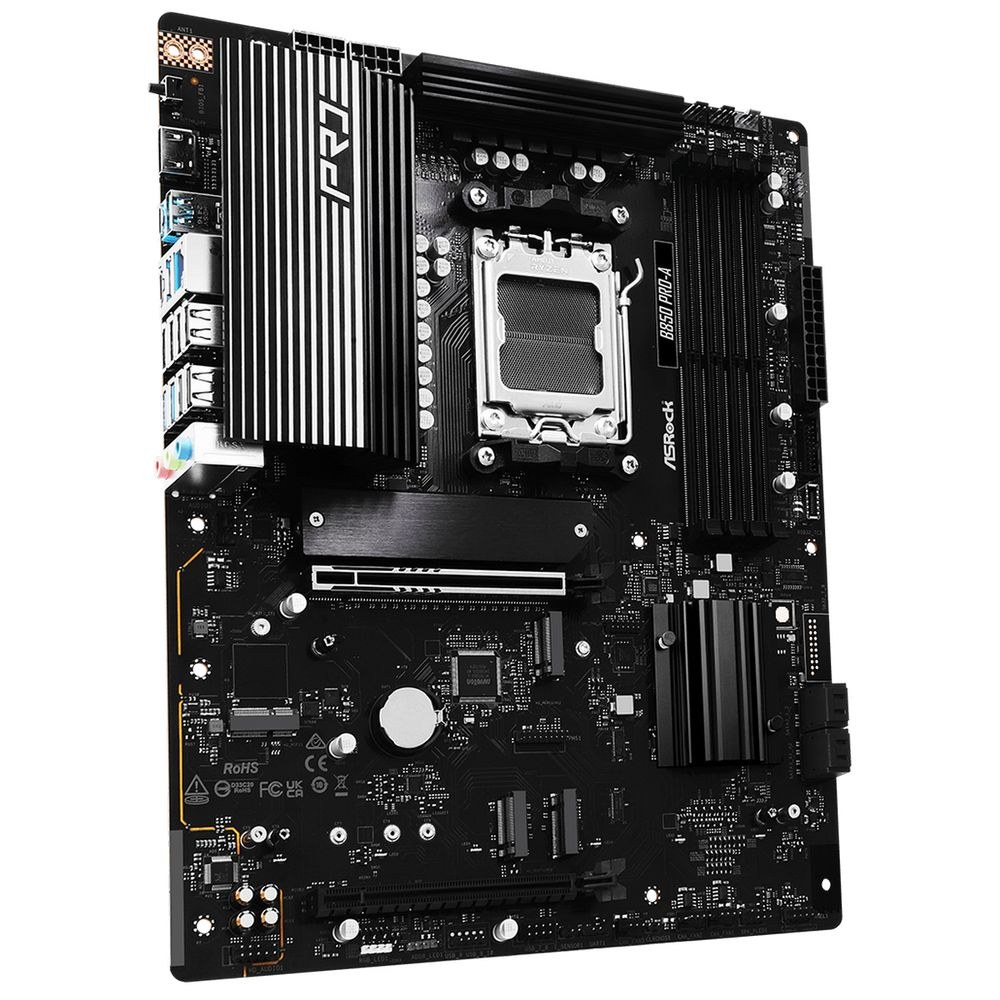 Фото Материнская плата ASRock B850 Pro-A, AM5, AMD B850, 4xDDR5, 4xSATA, 4xM.2, 1xPCIe 5.0 x16, 1xPCIe 4.0 x4, 1xHDMI, 1xUSB-C, 1x2.5Gb LAN, 1xUSB-C 10Gbps, 1xUSB-C 5Gbps, 4xUSB-A 5Gbps, 6xUSB-A 2.0, 3x3.5 мм, 7.1, ATX