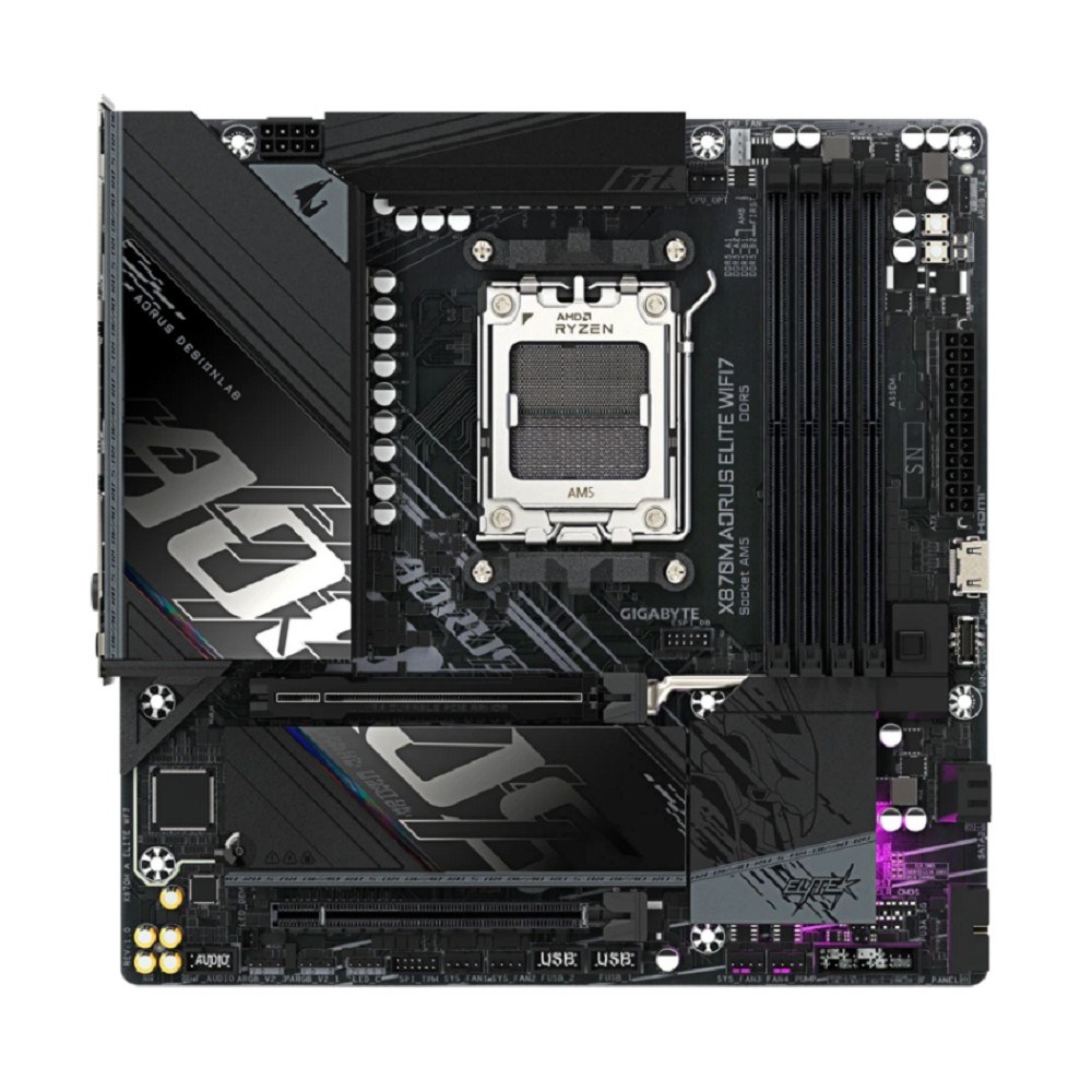 Фото Материнская плата Gigabyte X870M AORUS ELITE WIFI7, AM5, AMD X870, 4xDDR5, 4xSATA, 4xM.2, 1xPCIe 5.0 x16, 1xPCIe 4.0 x4, 1xPCIe 3.0 x2, 1xHDMI, 2xUSB Type-C, 1x2.5Gb LAN, Wi-Fi 7, Bluetooth 5.4, 2xUSB-C USB4, 2xUSB-A 10Gbps, 4xUSB-A 5Gbps, 4xUSB-A 2.0, S/