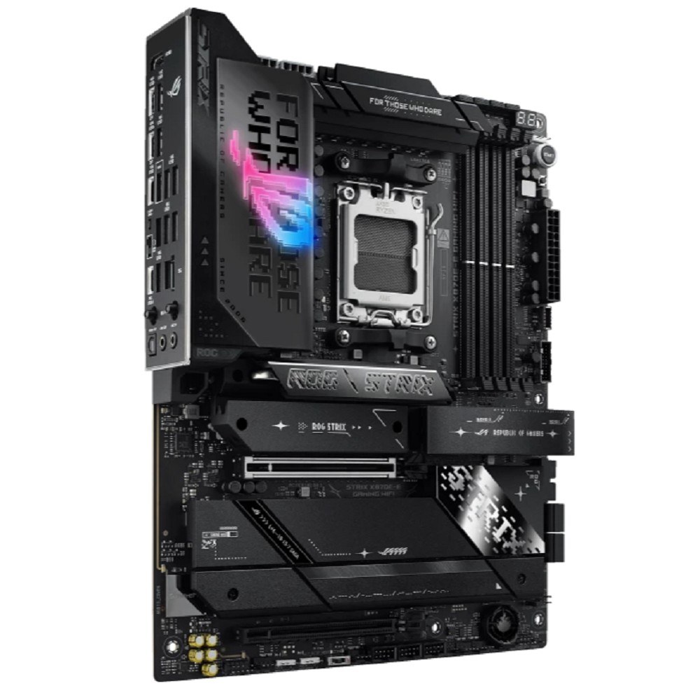 Фото Материнская плата ASUS ROG STRIX X870E-E GAMING WIFI, AM5, AMD X870E, 4xDDR5, 4xSATA, 5xM.2, 1xPCI-E 5.0 x16, 1xPCI-E 4.0 x4, 1xHDMI, 1xUSB-C 3.2 Gen 2, 1xUSB-C 3.2 Gen 2x2, 2xUSB-C 4.0, 1x 5Gb LAN, 9xUSB-A 3.2 Gen 2, 2x3.5 мм, TOSLINK, 1xWi-Fi 7, ATX