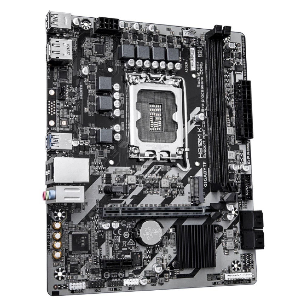 Фото Материнская плата Gigabyte H810M K, LGA1851, Intel H810, 2xDDR5, 4xSATA, 1xM.2, 1xPCIe 4.0 x16, 1xPCIe 3.0 x1, 1xDP, 1xHDMI, 1x1Gb LAN, 2xUSB-A 5Gbps, 4xUSB-A 2.0, 3x3.5 мм, 7.1, mATX