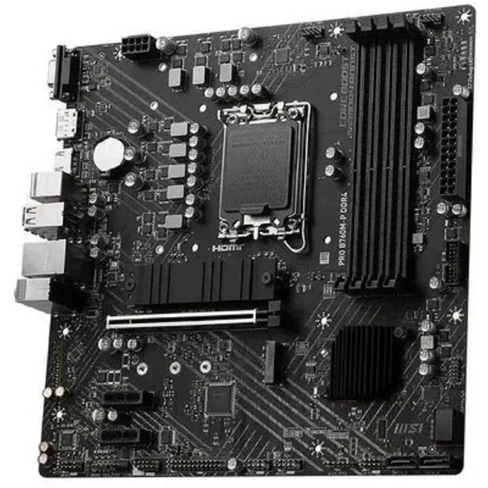 Фото Материнская плата MSI PRO B760M-P DDR4, LGA 1700, Intel B760, 4xDDR4, 4xSATA, 2xM.2, 1xPCIe 4.0 x16, 2xPCIe 3.0 x1, 1xHDMI, 1xDP, 1xVGA, 1x1Gb LAN, 4xUSB-A 2.0, 1xUSB-A 3.2 Gen 1, 1xUSB-C 3.2 Gen 2, 3x3.5 мм, 7.1, mATX